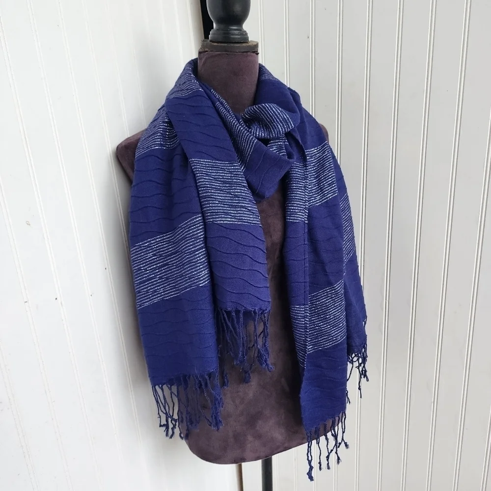 Women's Dark Blue Acrylic Metallic Scarf w/ Fringe 74